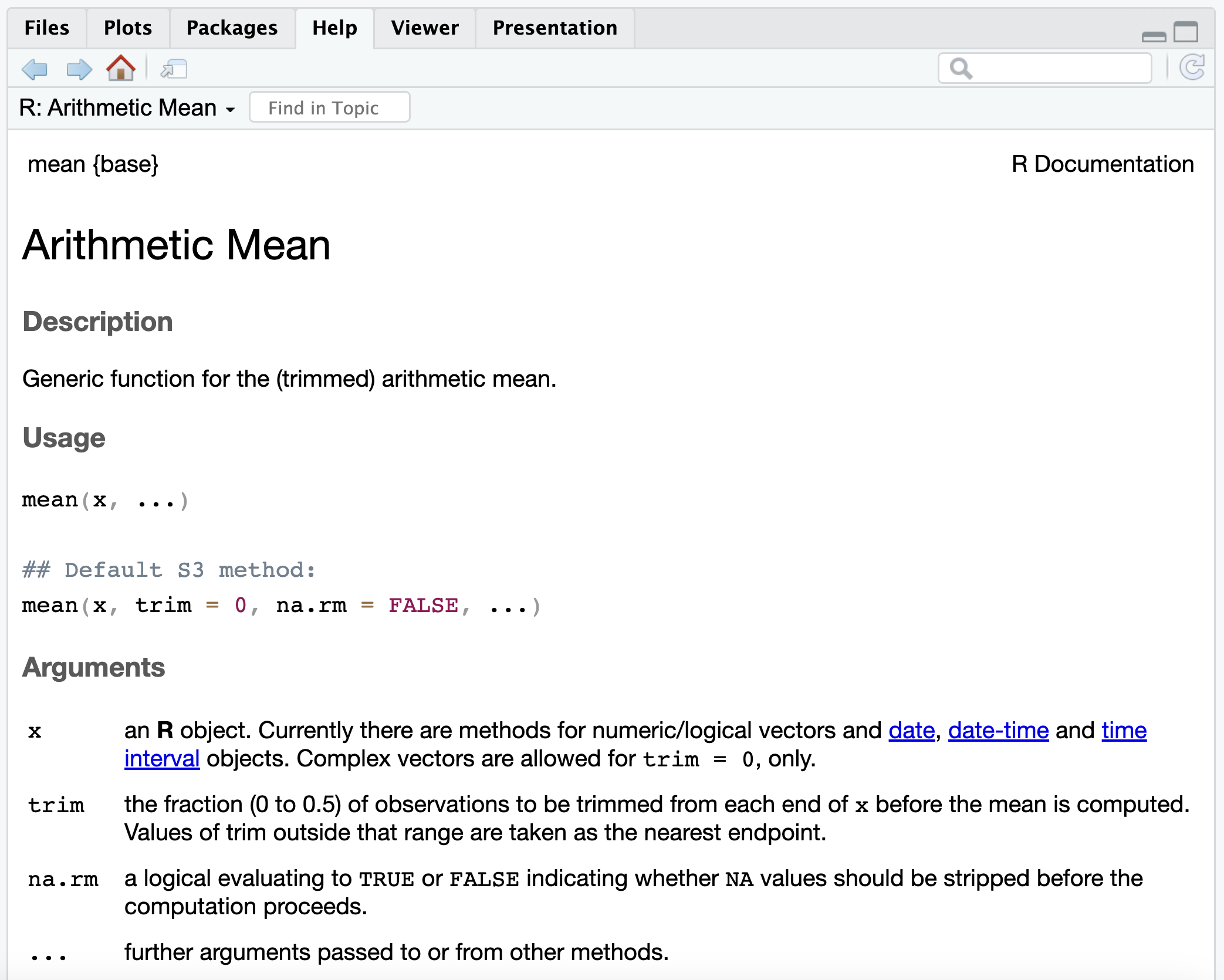 help file for `mean()`